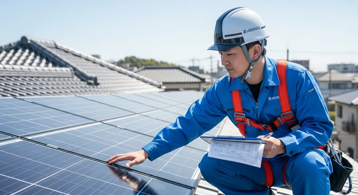 太陽光パネルを点検・メンテナンスする作業員