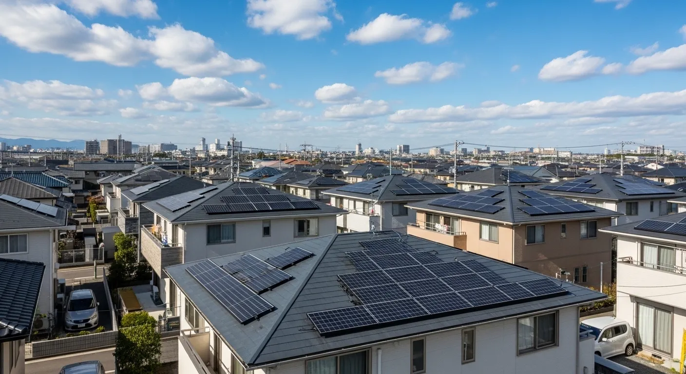千葉県の郊外住宅地に設置された太陽光パネル