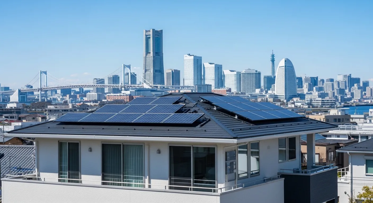 神奈川県の住宅地と太陽光パネルのイメージ