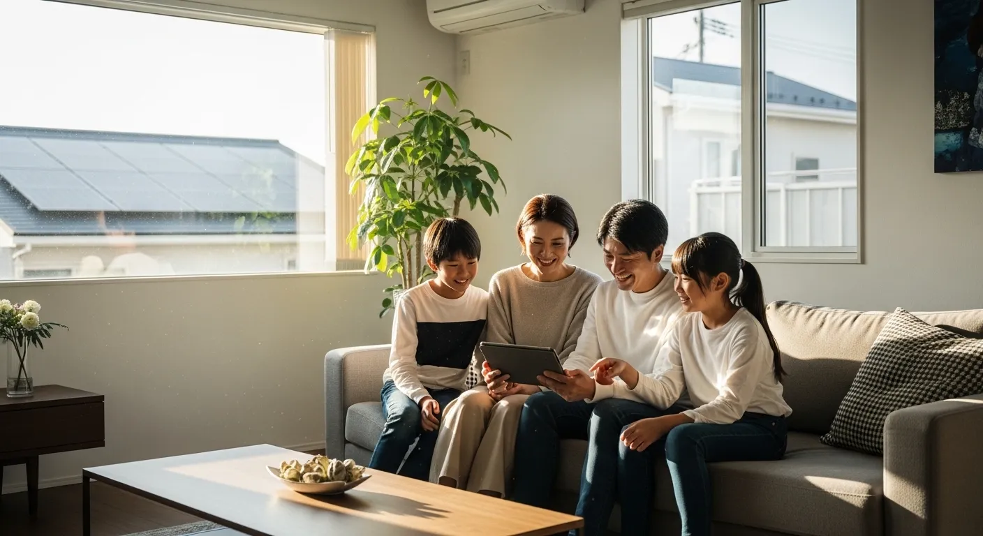 太陽光発電で電気代が大幅に削減された家族の様子