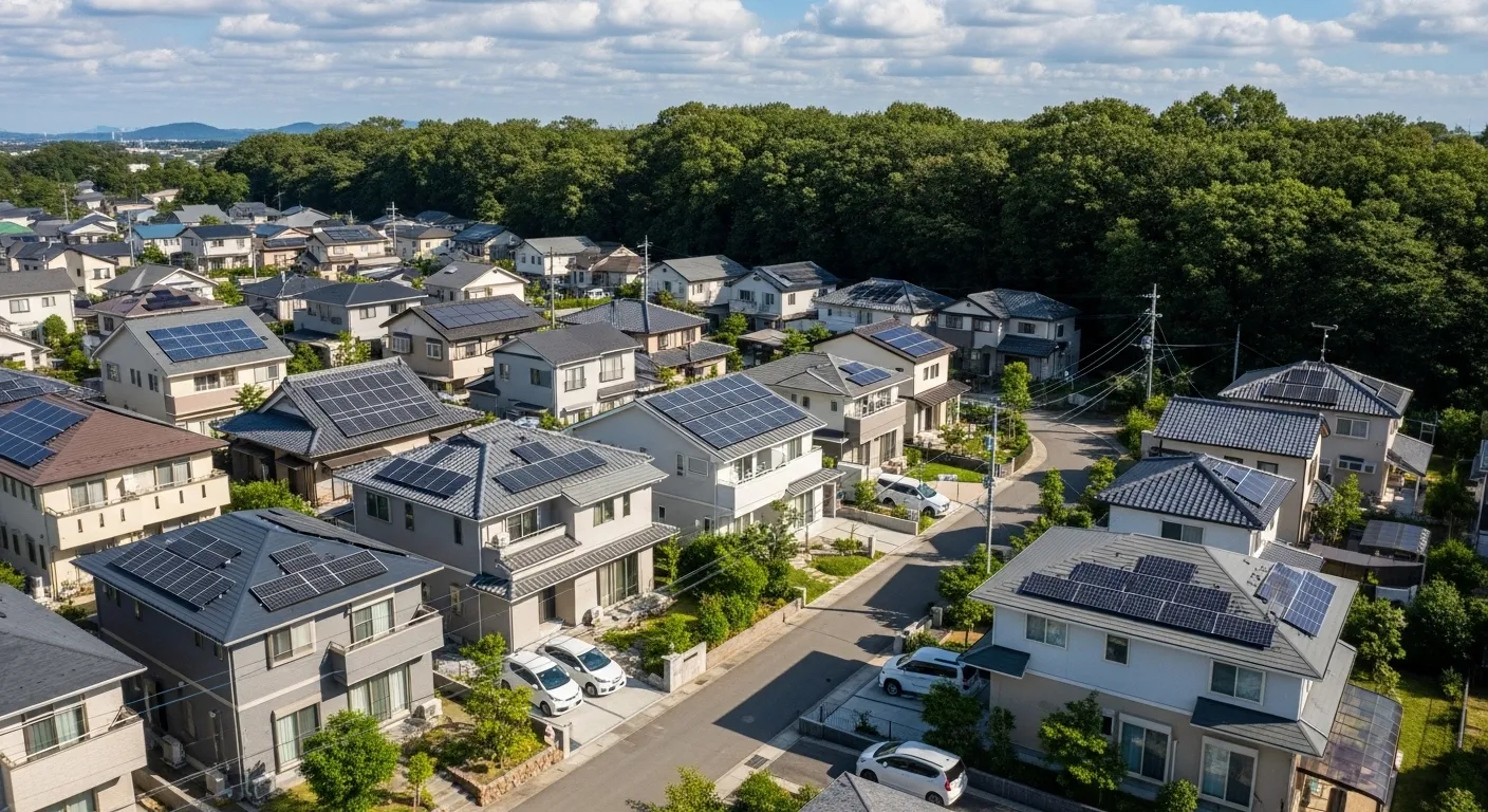 太陽光パネルと青空・緑の環境イメージ
