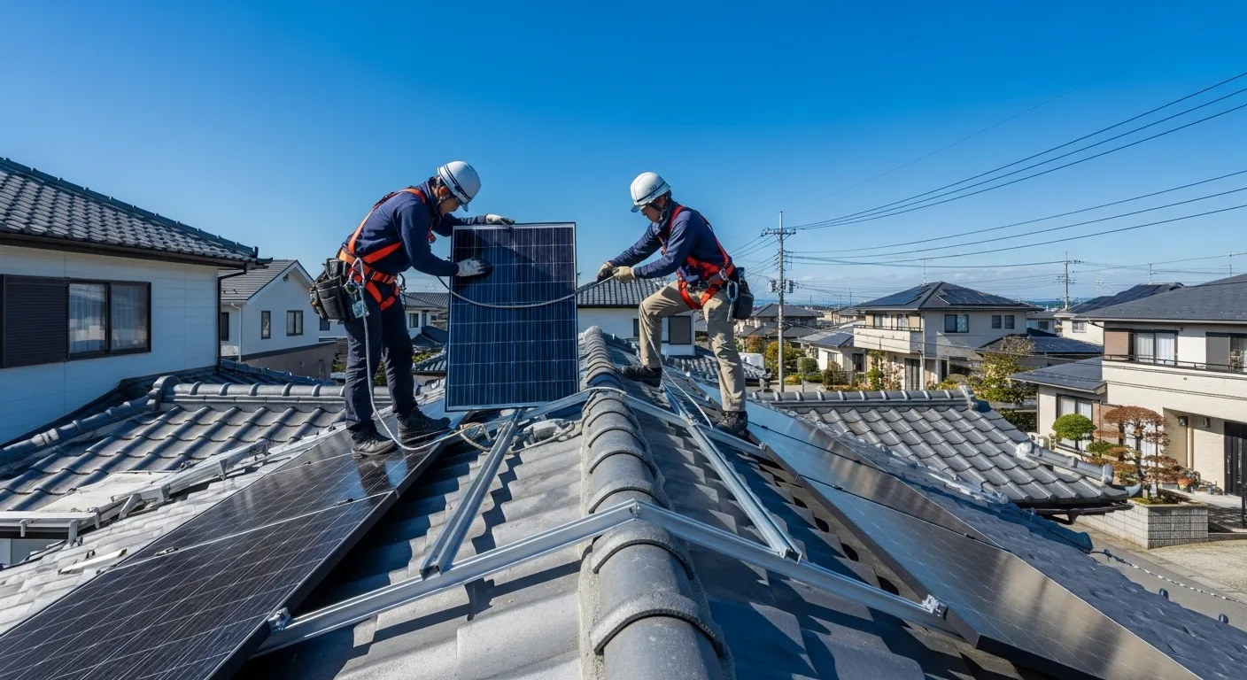 戸建て住宅の屋根に太陽光パネルを設置する様子