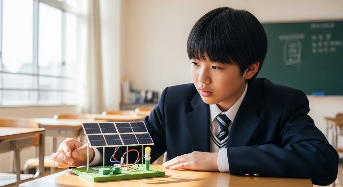 太陽光発電の仕組みを学ぶ中学生のイメージ