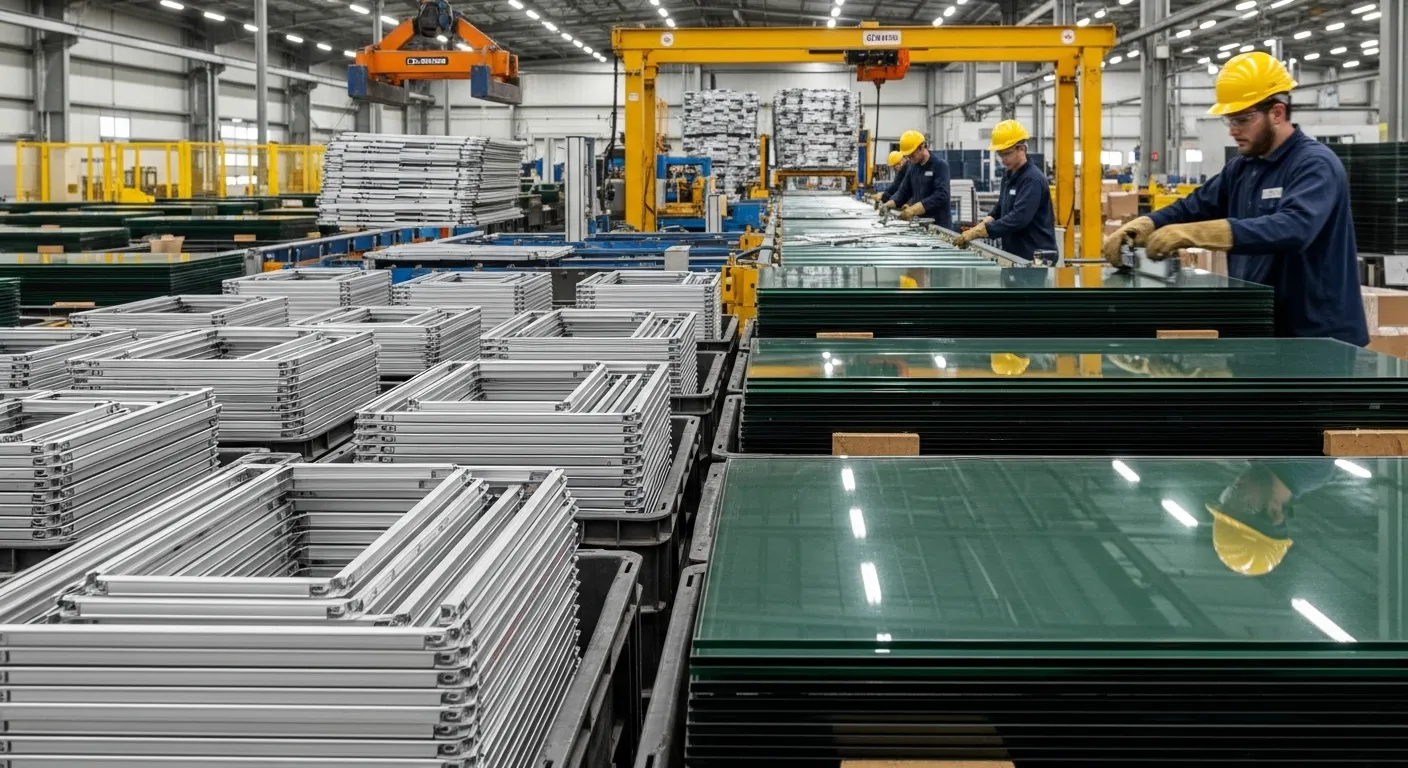 廃棄・リサイクルを待つ太陽光パネルの積み重ね